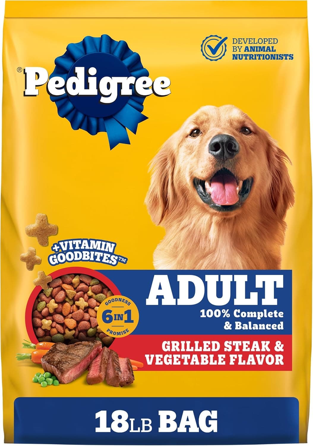 Pedigree High Protein Adult Dry Dog Food Grilled Steak & Vegetable Flavor, 18 lb. Bag